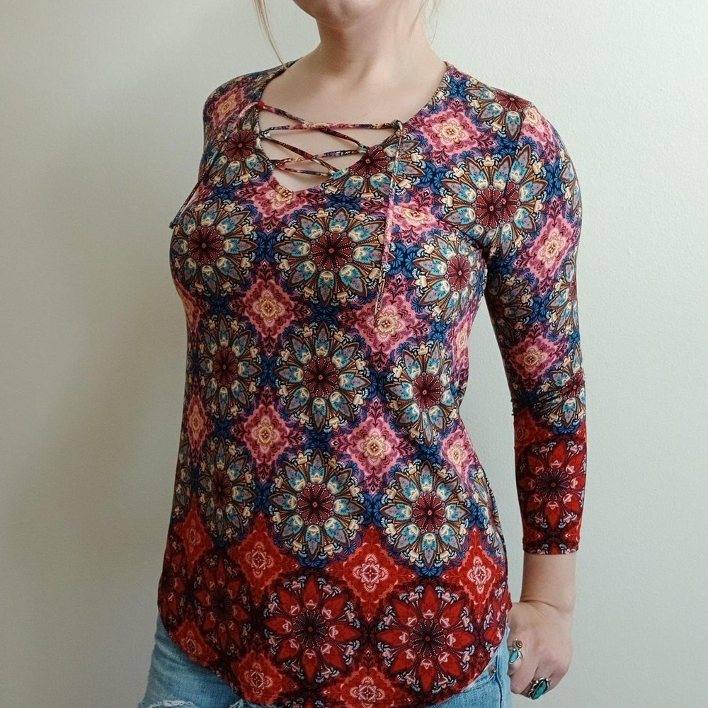 Colorful laceup mandala print boho top